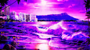 夜間，霓虹紫色的海浪在城市的燈光和山脈附近拍打。 — 紫色夜空 壁紙