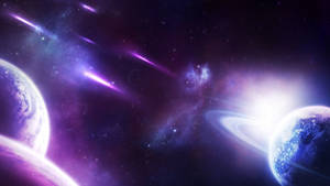 兩顆帶有環的行星和流星劃過色彩繽紛的星雲。 — 紫色銀河 壁紙