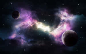 宇宙場景，有發光的星雲和行星。 — 淺紫色系美學 壁紙