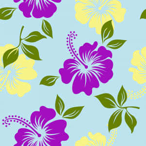 在藍色背景上的熱帶紫色和黃色芙蓉花。 — 青色GIF 壁紙