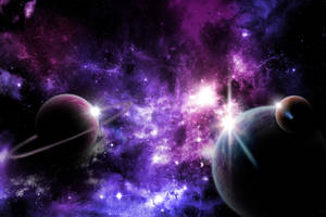 深空中帶有行星和恆星的紫色星雲 — 太空 壁紙