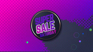 大膽的圓形徽章在充滿活力的紫色漸變背景上宣佈 Super Sale Saturday，並帶有幾何裝飾。 — 紫色 壁紙