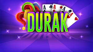 大膽的綠色「DURAK」文字，搭配四張Ace和籌碼，置於發光的紫色背景上。 — 遊戲玩家標誌 壁紙