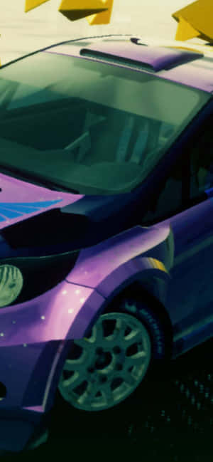 紫色賽車，帶有發光細節和背景中的幾何黃色形狀。 — iPhone 18 壁紙