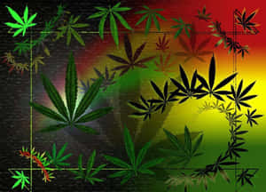 綠色、黃色和紅色大麻葉在紋理深色背景上形成發光邊框。 — 吸大麻 壁紙