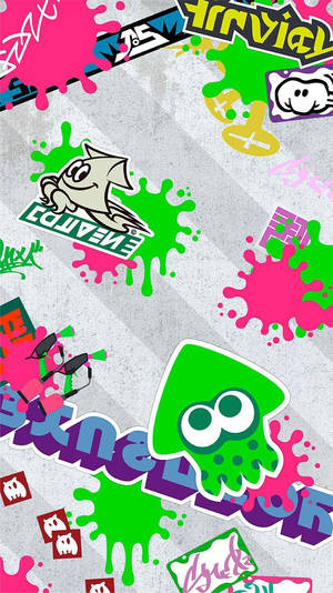 牆壁覆蓋著來自遊戲 Splatoon 的彩色魷魚主題塗鴉和墨水飛濺。 — 067 魷魚遊戲 壁紙