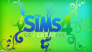 The Sims 4 遊戲標誌，在漸變背景上帶有旋轉的綠色和藍色裝飾元素。 — 玩具總動員4 壁紙