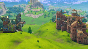 Fortnite 遊戲景觀，藍天下綠色山丘上的木建築。 — 酷炫的《要塞英雄》 壁紙