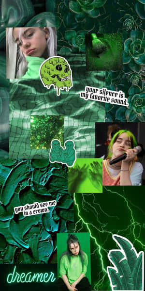 Billie Eilish 拼貼畫，帶有綠色多肉植物和閃電效果。 — Pixel 3 壁紙