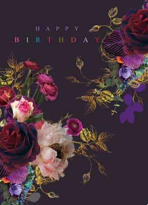 生日賀卡，深色背景上帶有彩色花朵和金色點綴。 — 生日快樂蛋糕 壁紙