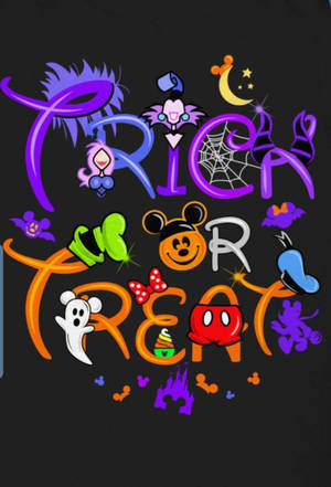 萬聖節 trick or treat 設計，包含卡通角色和明亮色彩中的恐怖元素。 — 迪士尼萬聖節 壁紙