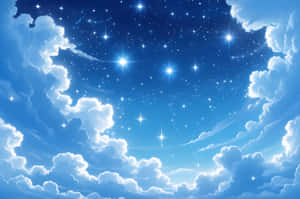 明亮的藍天，有蓬鬆的白雲和閃爍的星星透過。 — 日落 壁紙