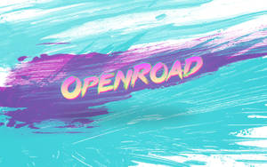 在色彩繽紛的抽象筆觸背景上，大膽的霓虹 openroad 文字。 — 復古90年代風格 壁紙