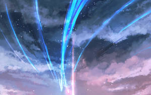 藍色光束穿過帶有粉紅雲彩和星星的暮色天空。 — 高畫質月亮 壁紙