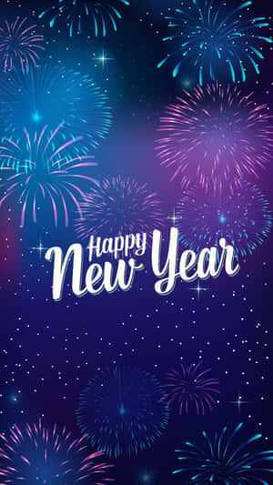 藍色和紫色煙火在繁星點點的夜空中綻放，帶有「Happy New Year」文字。 — 新年快樂 2020 壁紙