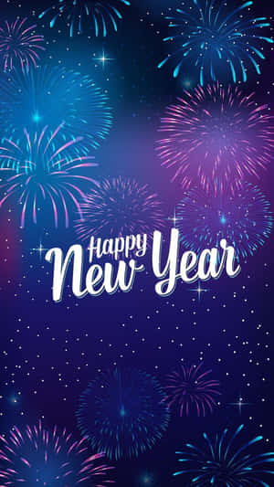 藍色和紫色煙火在繁星點點的夜空中綻放，並帶有「Happy New Year」文字。 — 慶祝 壁紙