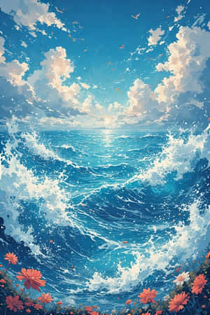 藍色海浪向著多雲的天空升起，有鳥兒飛翔，底部有紅花。 — 海洋 壁紙