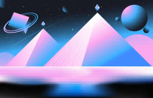 螢光粉紅和藍色金字塔，在星空下漂浮著行星和光環。 — 高畫質月亮 壁紙