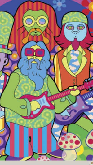 色彩繽紛的卡通樂隊在迷幻蘑菇森林中彈奏吉他。 — 慶祝 壁紙