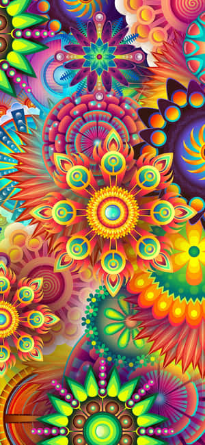 充滿活力的數位藝術作品，帶有色彩繽紛的幾何花朵和漩渦圖案。 — Oppo K14x 壁紙