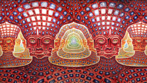 對稱的紅色面孔，帶有複雜的圖案和中央螺旋曼陀羅。 — 灰色美學動圖 壁紙