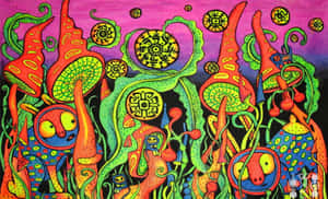 充滿活力的外星生物，擁有發光的眼睛和迷幻色彩的幾何圖案。 — 蘑菇美學 壁紙