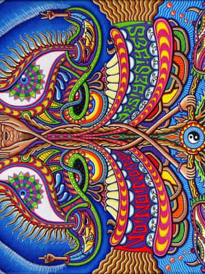 迷幻插圖，包含眼睛、手和漩渦圖案，色彩鮮豔。 — 大理石 壁紙