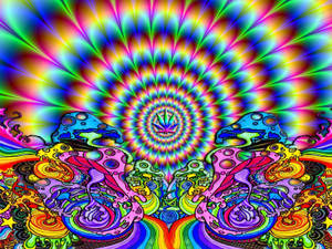 在超現實的數位藝術場景中，迷幻蘑菇在彩虹漩渦下發光。 — 植物美學 壁紙