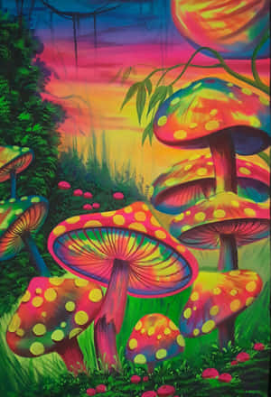 奇幻森林，在多彩的日落天空下閃爍著發光的蘑菇。 — iPad Pro M4 壁紙
