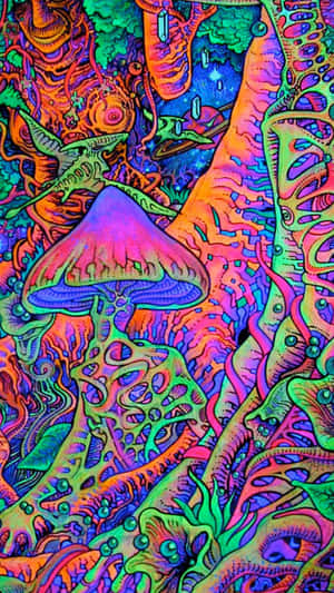 在超現實的霓虹外星森林中，一個發光的紫色蘑菇與珊瑚狀結構共存。 — 三島一八 壁紙