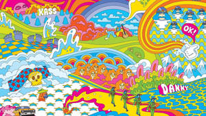 迷幻卡通場景，彩虹山丘和士兵在色彩繽紛的小路上行走。 — 復古90年代風格 壁紙