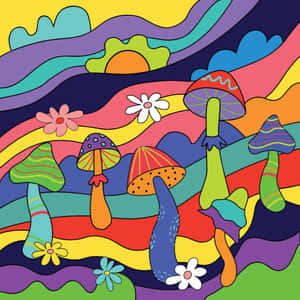 迷幻插圖，描繪太陽下彩虹山丘上的蘑菇和花朵。 — 蘑菇美學 壁紙