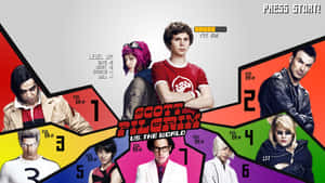 Scott Pilgrim vs. the World 遊戲海報，七個邪惡前任在彩色面板中。 — 卡通 壁紙