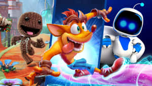 遊戲角色Crash Bandicoot、Sackboy和機器人行動中 — 遊戲玩家標誌 壁紙