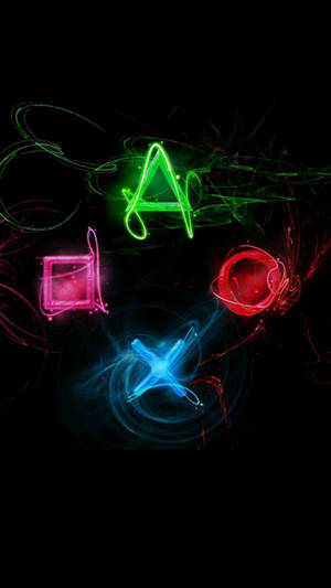 霓虹 PlayStation 控制器符號在黑暗背景上發光。 — 遊戲玩家標誌 壁紙