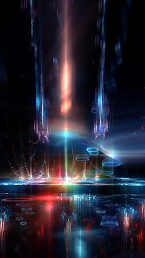 霓虹光束和發光圓形反射在黑暗的數位表面上。 — 三星Galaxy 壁紙