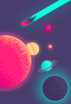 霓虹星球和宇宙條紋在風格化的太空場景中發光。 — 極簡 iPhone 壁紙