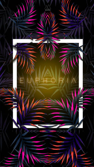 霓虹棕櫚葉圍繞一個發光的金色正方形，上面有「euphoria」字樣。 — 愉悅 壁紙