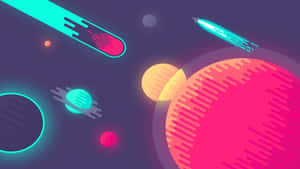 霓虹火箭在風格化的未來太空場景中飛過發光的行星。 — 淺紫色系美學 壁紙