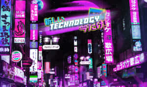 未來主義的霓虹燈城市街道夜景，帶有發光標誌和日文字。 — 復古90年代風格 壁紙