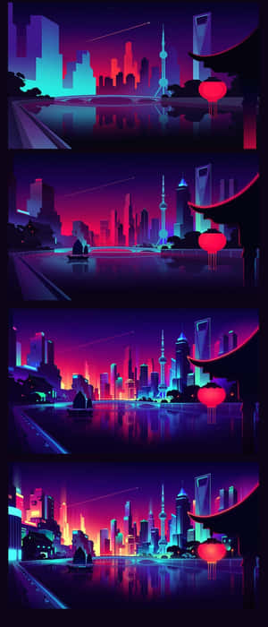 夜間霓虹城市天際線，發光的建築物和水面上的紅色燈籠。 — POCO C71 壁紙