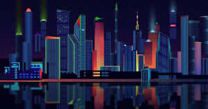 霓虹城市天際線夜景，摩天大樓倒映在水中。 — 綠色天空 壁紙