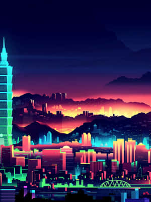 黃昏時分霓虹燈照亮的天際線，閃爍的建築物和背景中的山脈。 — 霓虹城市動態圖 壁紙