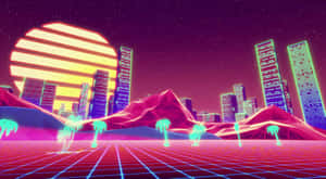霓虹燈照亮的復古未來城市，棕櫚樹和條紋太陽在星空下。 — 城市燈光 壁紙