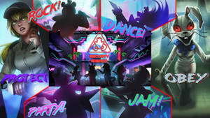 霓虹燈街機場景，動畫角色大喊 rock dance party obey。 — 電玩遊戲 GIF 壁紙