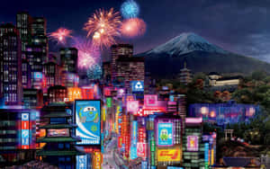 東京夜景，煙火和富士山為背景。 — 櫻島麻衣 壁紙