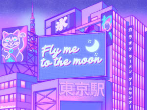 霓虹燈照亮東京城市夜景，閃爍的標誌和「Fly me to the moon」廣告牌。
