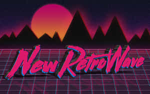 霓虹粉紅色「New Retro Wave」文字位於網格上，背景為山脈和日落。 — 洛米安傳奇 壁紙