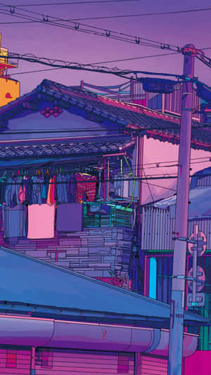 霓虹燈照亮的小巷，掛著衣物和電線，在紫色天空下。 — 美麗的動畫 壁紙