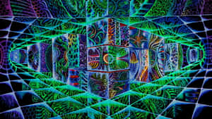 一條由發光幾何立方體組成的隧道，帶有霓虹色調的複雜碎形圖案。 — 彩虹美學 壁紙